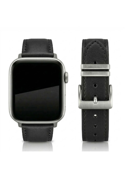 Apple Watch Uyumlu İnce Siyah Deri Kordon Metal Köprülü
