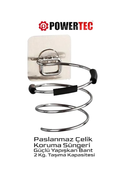 Powertec Fön Makinesi & Saç Kurutma Makinesi Askı Aparatı Paslanmaz Çelik Gri