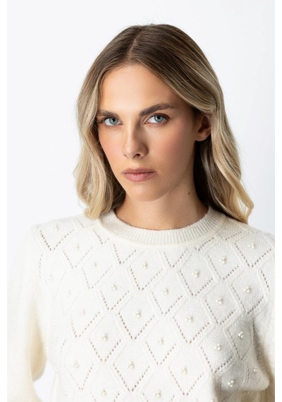 On Fashion Kadın İncili Baklava Desenli Ekru Kazak 63316 Ekru