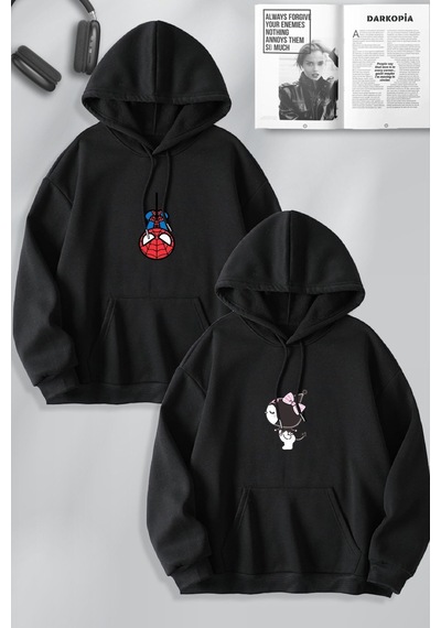 Macklin Sevgili Çift Kombin Kuromi Ve Spiderman Baskılı Özel Tasarım Kapüşonlu Sweatshirt 2li Set Takım Siyah Mck0853 Siyah