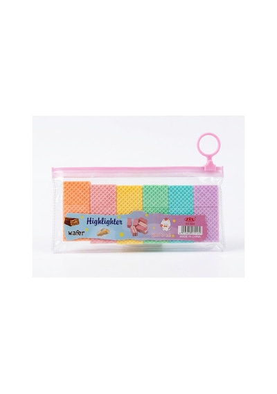 Gofret Tasarımlı 6'lı Pastel Fosforlu Kalem Seti - Şeffaf Çantalı Sevimli Kawaii İşaretleme Kalemi Pembe