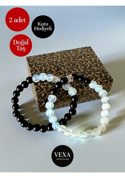 Yin Yang Temalı Oniks Ve Opal Çift Bileklik Seti Sevgili & Arkadaşlık Kombini Kutu Hediyeli Çok Renkli