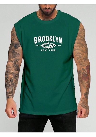 Brooklyn New York Baskılı Kolsuz Tişört Yeşil
