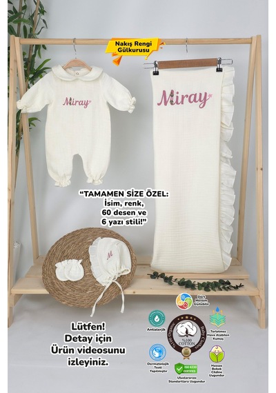 Gros Shop Müslin Yeni Doğan 4katlı Organik %100pamuk Kişiye Özgü Nakışlı Hastane Çıkış Seti Papatya Model-12 Ekru-3