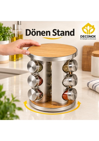Metal Döner Standlı 12'li Cam Baharatlık Seti, Kapaklı Baharat Kavanozları, 22 Cm Yükseklik, 19 Cm Çap, Ahşap Renkli Diğer