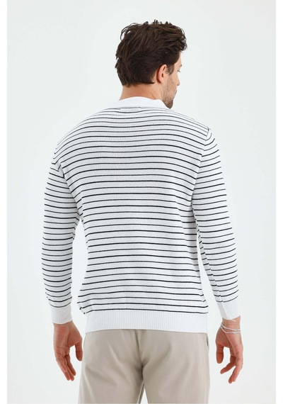 Cool Tarz Erkek Patlı Slim Fit Çizgi Detaylı Uzun Kollu Polo Yaka Triko Kazak Beyaz Beyaz