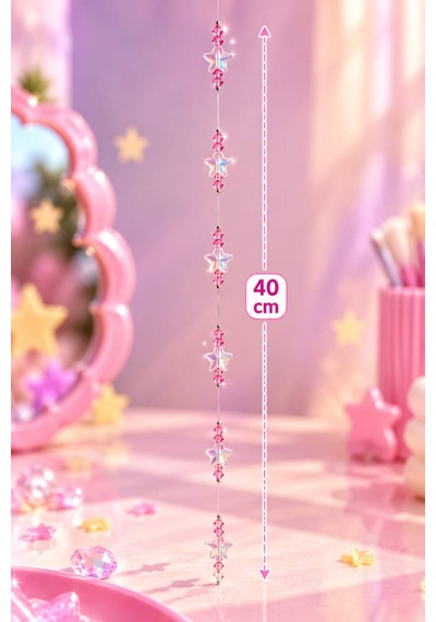Işıltılı Yıldız Boncuklu Pembe Kristalli Çocuk Saç Süsü - 40 Cm Pratik Tel Toka İle Kullanım