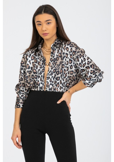 Pera Moda Leopar Desenli Salaş Oversize Saten Gömlek Bej