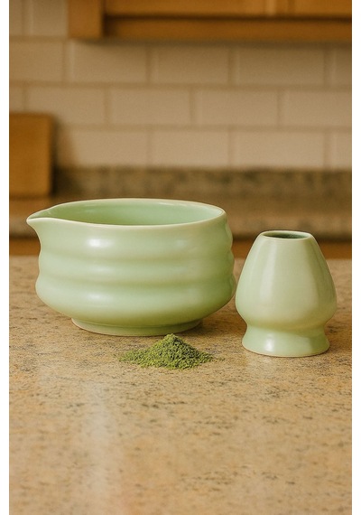 Seramik Chawan Matcha Çayı Köpürtme Kasesi Ve Whisk Matcha Tutucu Mt216 Yeşil