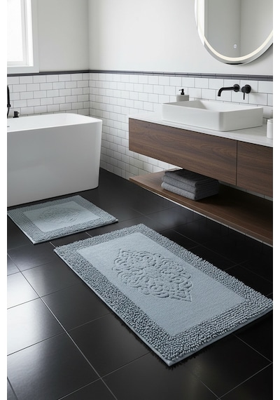 Piante Cotton Gri 2'li Set 60x100 Cm 50x60 Cm Banyo Halısı, Paspas Gri