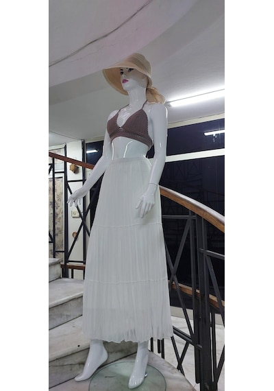 Eren Style Beli Lastikli Astarlı Uzun Şifon Etek-8960 Beyaz