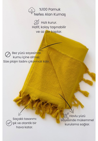 %100 Pamuk Havlu Peştemal 90x170cm - Plaj & Havuz Havlusu - Hardal Hardal