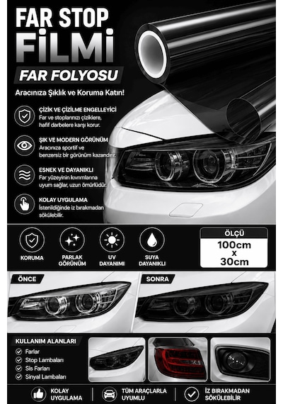 Far Stop Filmi Açık Siyah Far Folyosu 100cm X 30cm Far Çizilme Engelleyici Folyo