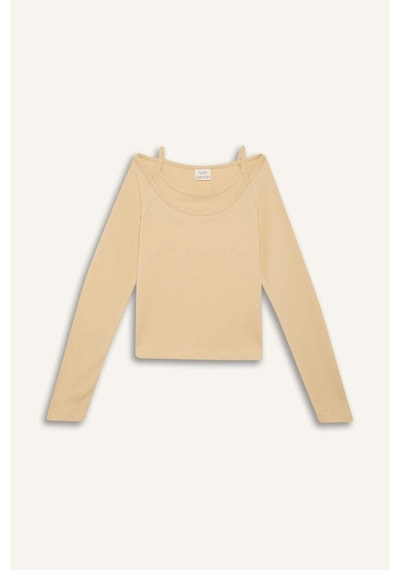 DeFacto Kız Çocuk Slim Fit Dar Kesim Kaçık Yaka Baskılı Fitilli Kaşkorse Uzun Kollu Tişört D9237A825SPBG362