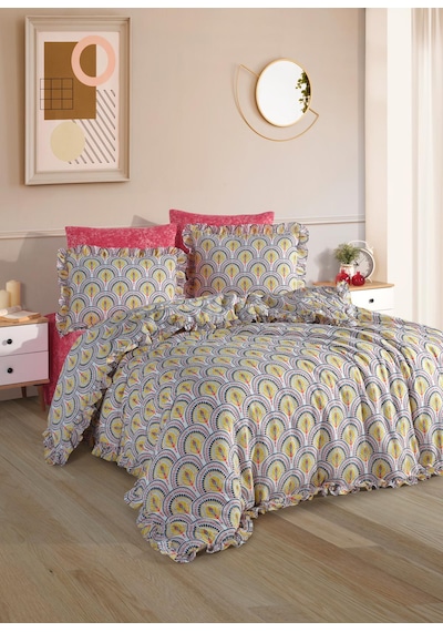 Uçkan Home Pamuklu Fırfırlı Çift Kişilik Nevresim Seti--retro Yelpaze Deseni--uh-00084 Gri - Sarı