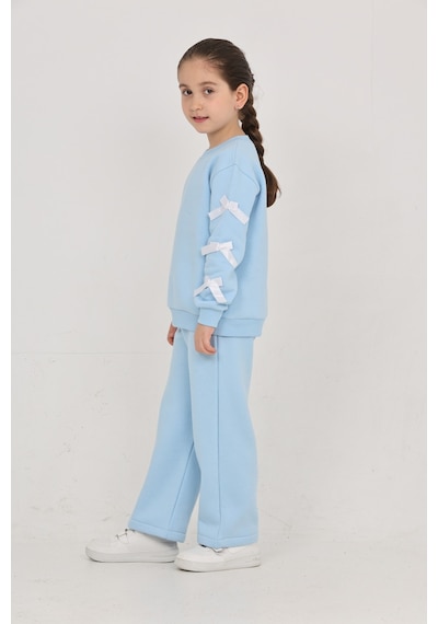 Erdem Kıds Kız Çocuk 3 İplik Şardonlu Kurdele Detaylı Basic Sweatshirt-bol Kesim Palazzo Eşofman Takım Bebe Mavisi Bebe Mavisi