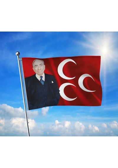 Alparslan Türkeş Ve 3 Hilal Mhp Bayrağı Premium Raşel Kumaş 100x150 Cm Diğer