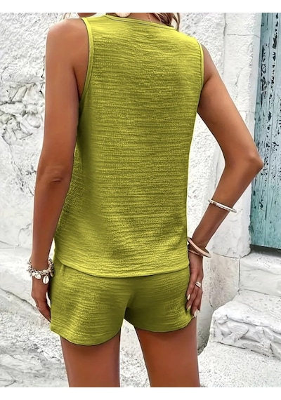 Martcini Kadın Askılı Kolsuz V Yakalı Önden Düğmeli Bürümcük Bluz Ve Short Ikili Takım Yeşil