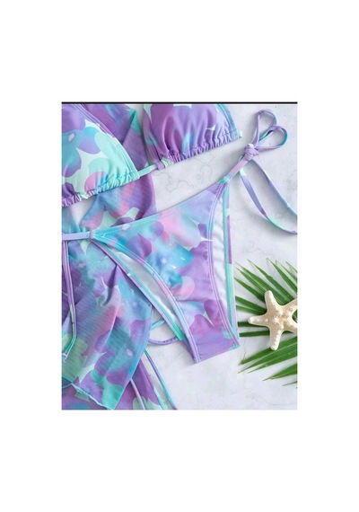 Gugus 4-lü Bikini Takımı / Üst Pareosu + Alt Etek Pareosu + Üst Bikini + Alt Bikini Lila Desenli Gugus 4-lü Bikini Takımı / Üst Pareosu + Alt Etek Pareosu + Üst Bikini + Alt Bikini Lila Desenli