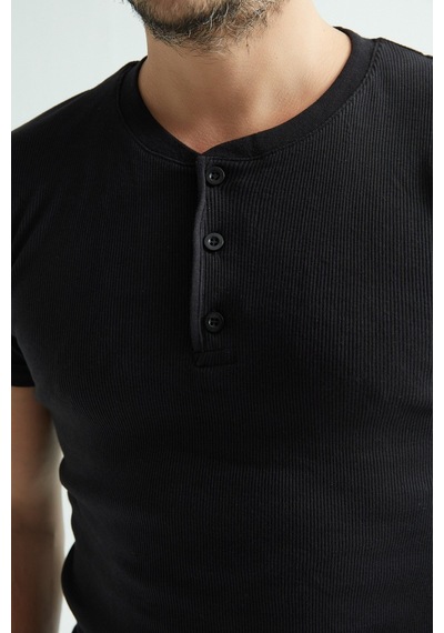 Erdem Erkek Fitilli T-shirt Düğmeli Kaşkorse Fanila 1125 Siyah