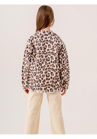 Cicihlid Kız Çocuk Leopar Desenli Kot Ceket İçi T-shirt Takım-15511 Kahverengi