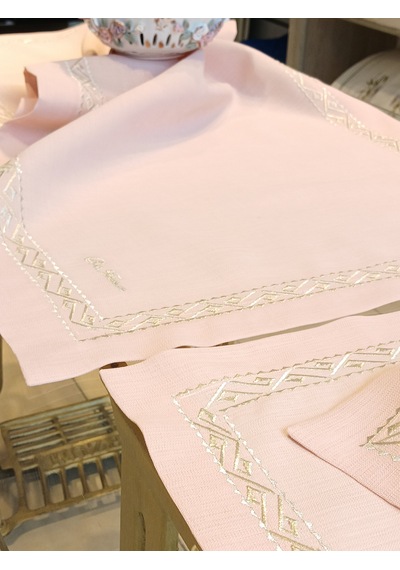 Sim İşlemeli 8 Kişilik Pembe Supla-runer-peçete Takımı Açık Pembe