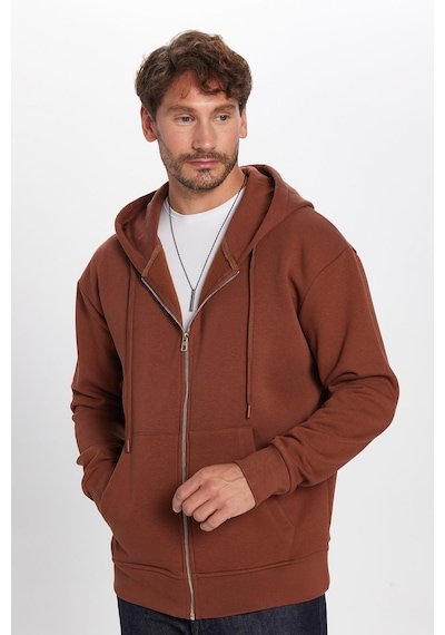 Tudors Unisex Relax Fit Rahat Kesim Pamuklu İçi Polarlı Çift Cepli Fermuarlı Kahverengi Kapüşonlu Sweatshirt-32719