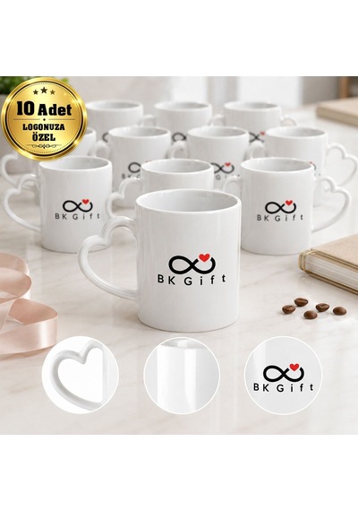 Logonuza Özel 10 Adet Kalp Kulplu Beyaz Porselen Kupa Kurumsal Hediye Ve Promosyon Seti