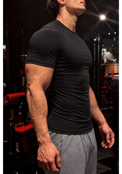 Genius Store Erkek Dalgıç Kumaş Compression Spor Tişört Muscle Body Fit Gym Antrenman T-shirt Compression-t-shirt Siyah
