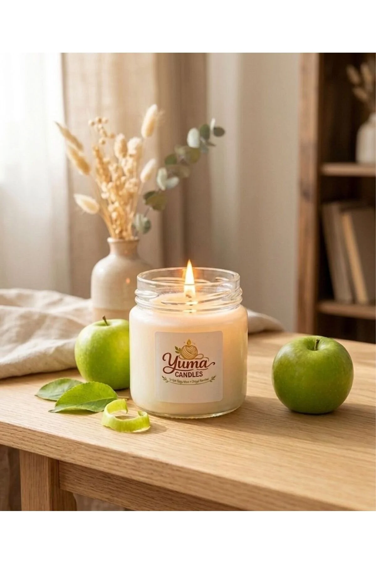 Yeşil Elma Kokulu %100 Soya Wax 100cc Kapaklı Cam Kavanoz Mum Beyaz