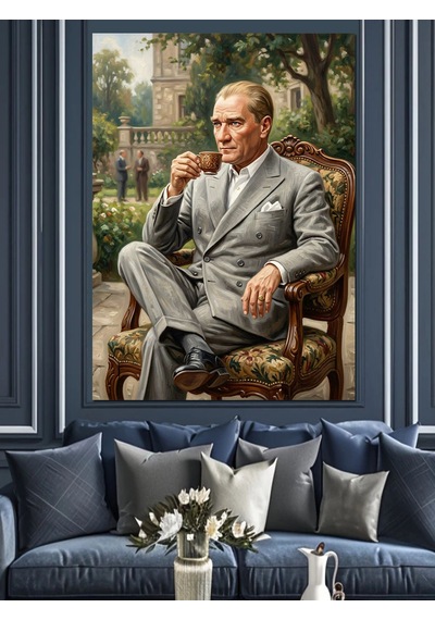 Bahçede Çay İçen Atatürk Dekoratif Kanvas - Mdf Ahşap Tablo