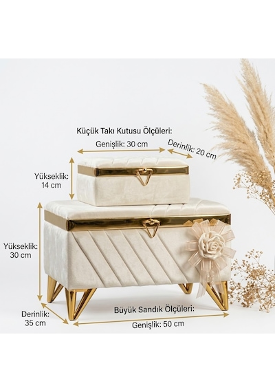 Krem Kadife V Modeli Nişan Sandığı Seti 2'li - Gold Metal Ayaklı Lüks Çeyiz Sandığı