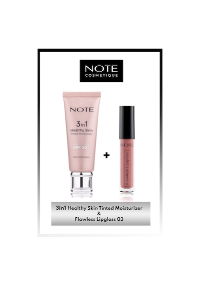 Note Cosmetics 3 In 1 Tinted Ton Eşitleyici 50 Spf Krem & Flawless Lipgloss Ruj 03 - Pembe Makyaj Seti