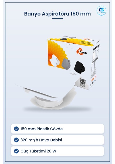 Banyo Aspiratörü 150 Mm Plastik 20w M³/h Tuvalet Havalandırma Duv
