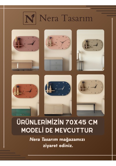 Modern Tasarım Raflı Nera Duvar Saati 60x35 Turuncu