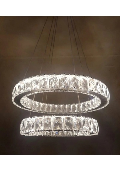 Ala Lighting Plaket Kristal Taş İşlemeli Krom Paslanmaz 2 Halka Led Avize Kumandalı Modern Sarkıt Avize Krom Ayna Ayna Krom