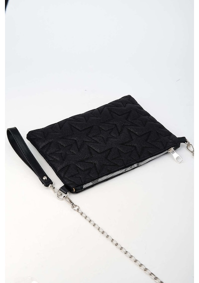 Vivaq Kadın Siyah Simli Yıldız Nakışlı Suni Deri Bilek Ve Zincir Askılı Portföy El Ve Clutch Çanta