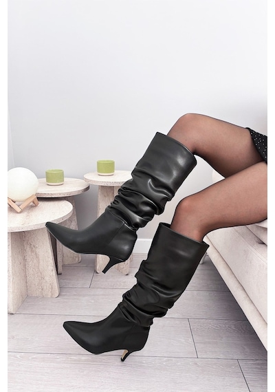 Asmi Shoes Kadın Tima Siyah Cilt 6 Cm Topuklu Körüklü Sivri Burun Çivi Topuk Çizme