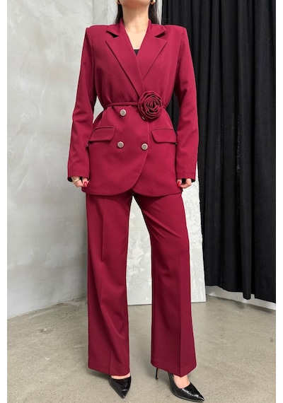 Msm Fashion Kadın İkili Blazer Ceket Pantolon Takım Aksesuar Ve Düğme Detaylı Bol Paça Bordo Msm Fashion Kadın İkili Blazer Ceket Pantolon Takım Aksesuar Ve Düğme Detaylı Bol Paça Bordo