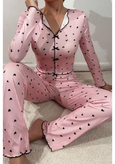 Bella Notte V Yaka Baskılı Fiyonk Detaylı Uzun Pijama Takımı Siyah