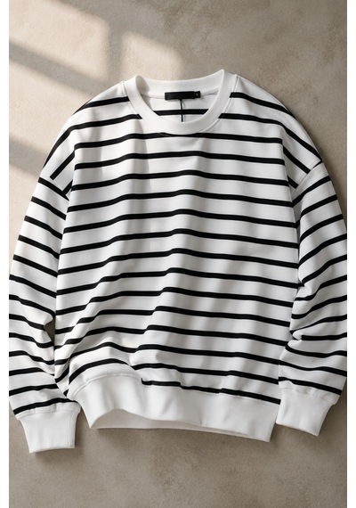 Rovebella Breton Blanc Çizgili İnce Penye Sweatshirt Beyaz