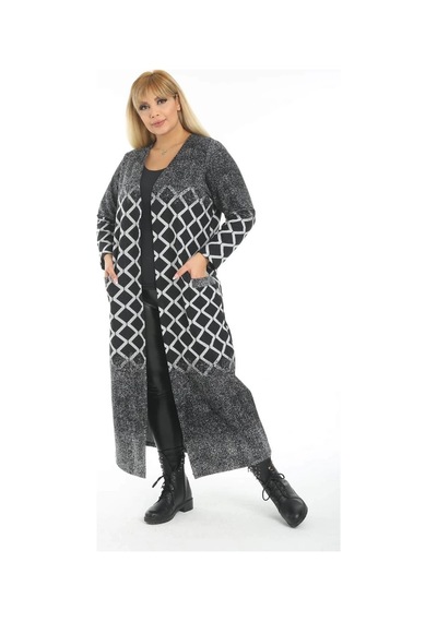 Mia Butik Büyük Beden Gri Geometrik Desenli Uzun Hırka Gri