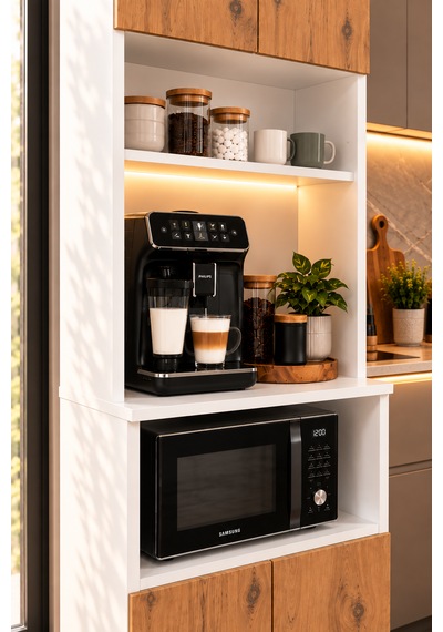 Kahve Köşesi Dolabı Modern Led Aydınlatmalı Raflı Mutfak Rafı Dolabı Beyaz