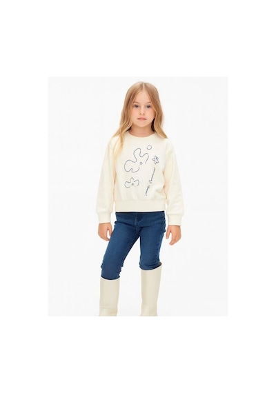 Kız Çocuk Çiçek Desenli Sweatshirt-16138 KREM