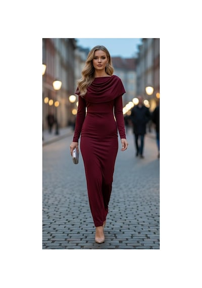 Zdnjeans Şal Yaka Drapeli Bordo Elbise