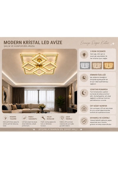 Kare 4+4'lü Ledli Gold Avize Altın - Gold