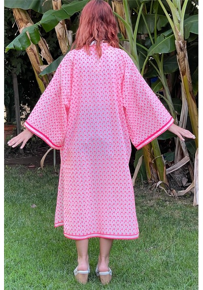 Lila Mare Fosforlu Fisto Pamuk Kumaş Nakışlı Handmade Kimono Renkli Renkli