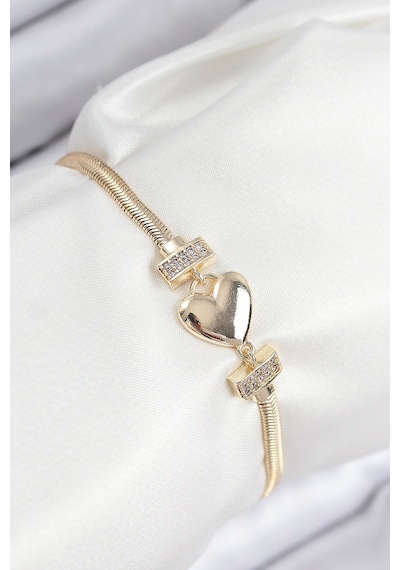 Pirinç Zirkon Taşlı Kalp Model Gold Renk Kadın Bileklik 6421836