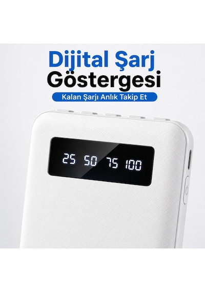 10000 Mah Powerbank 4 Ü 1 Arada Kablolu Taşınabilir Şarj Cihazı Dijital Göstergeli Type-c Micro Usb Lightning Usb-a Uyumlu Beyaz
