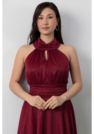 Kalopya 13376 C Yaka Simli Tül Elbise Bordo